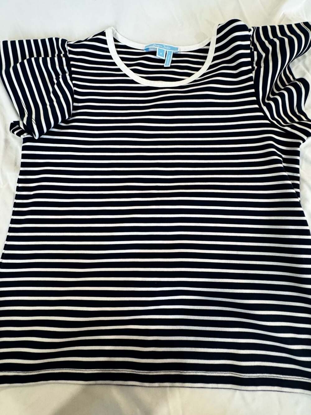 Draper James Ruffle Sleeve Striped T-Shirt Size S Blue White Crewneck Top
